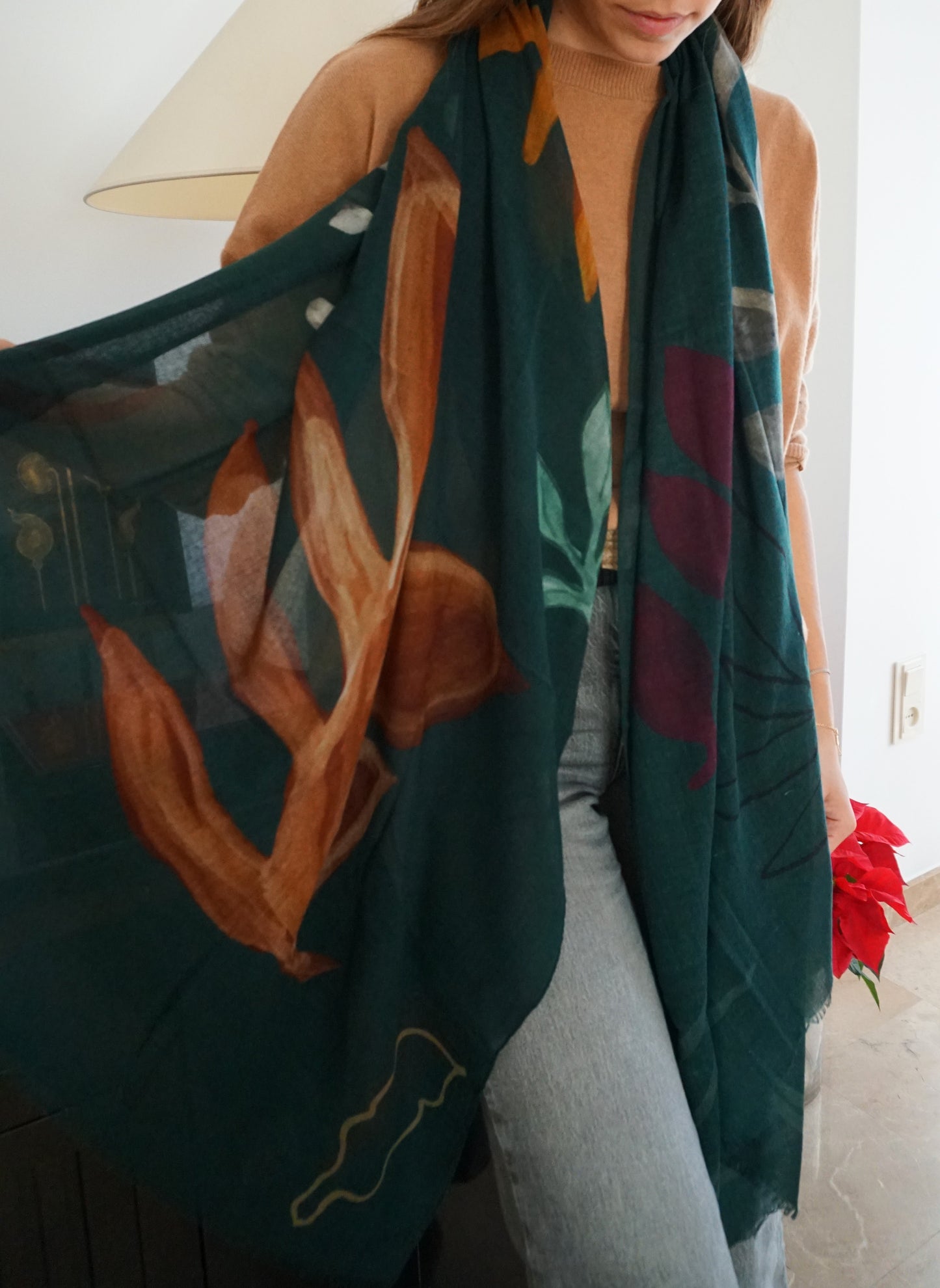 Fular de lana Verde con hojas