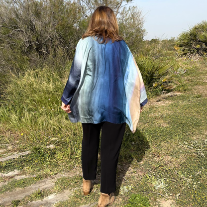 Blue gradient striped silk kimono