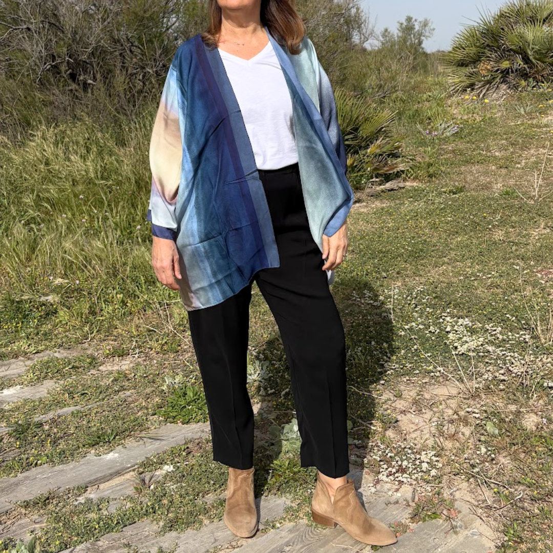 Blue gradient striped silk kimono