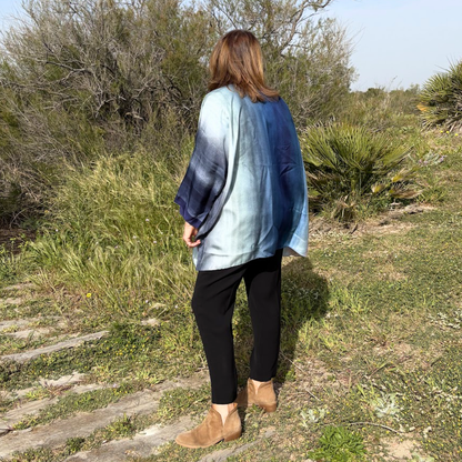 Blue gradient striped silk kimono