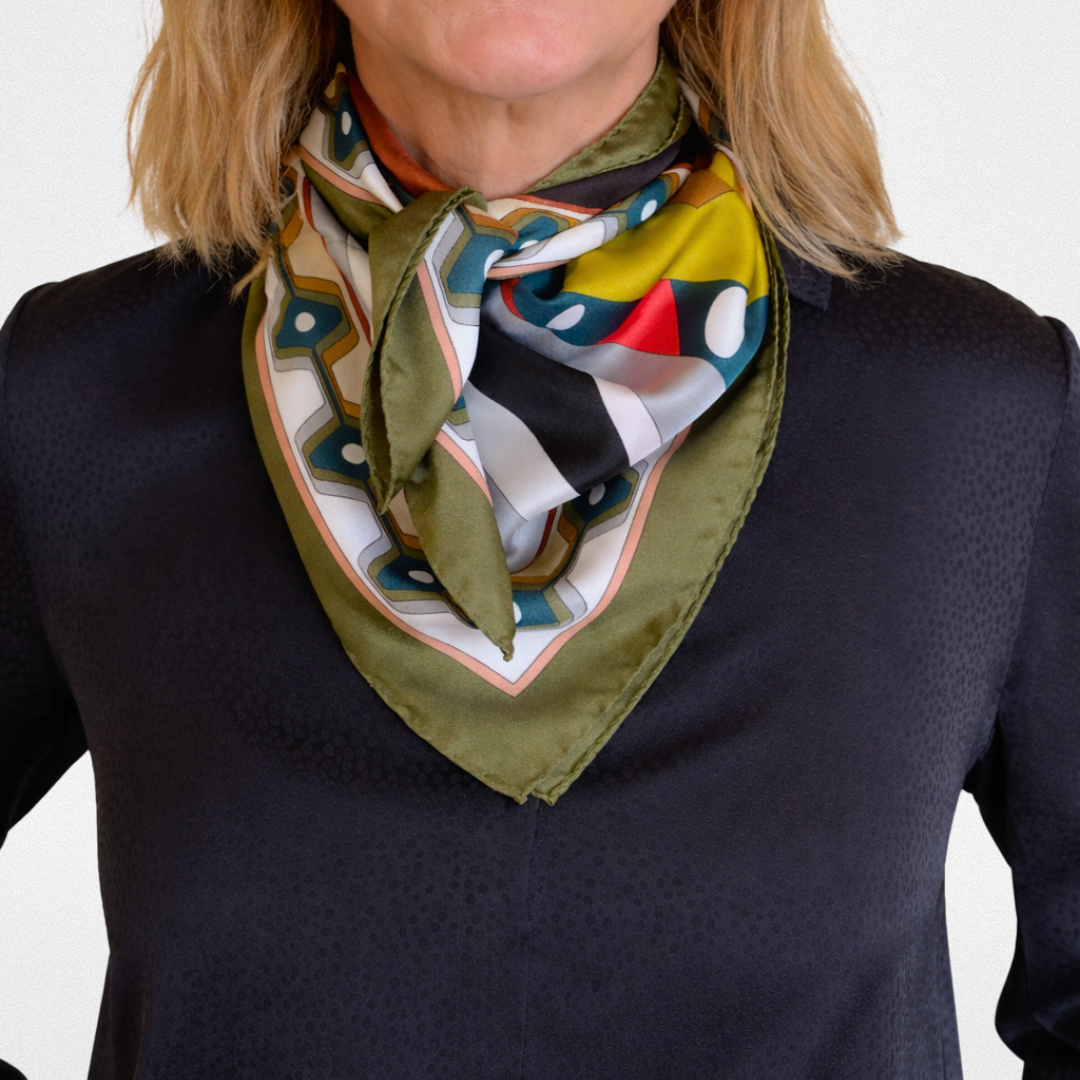Pucci-style silk scarf with a geometric edge