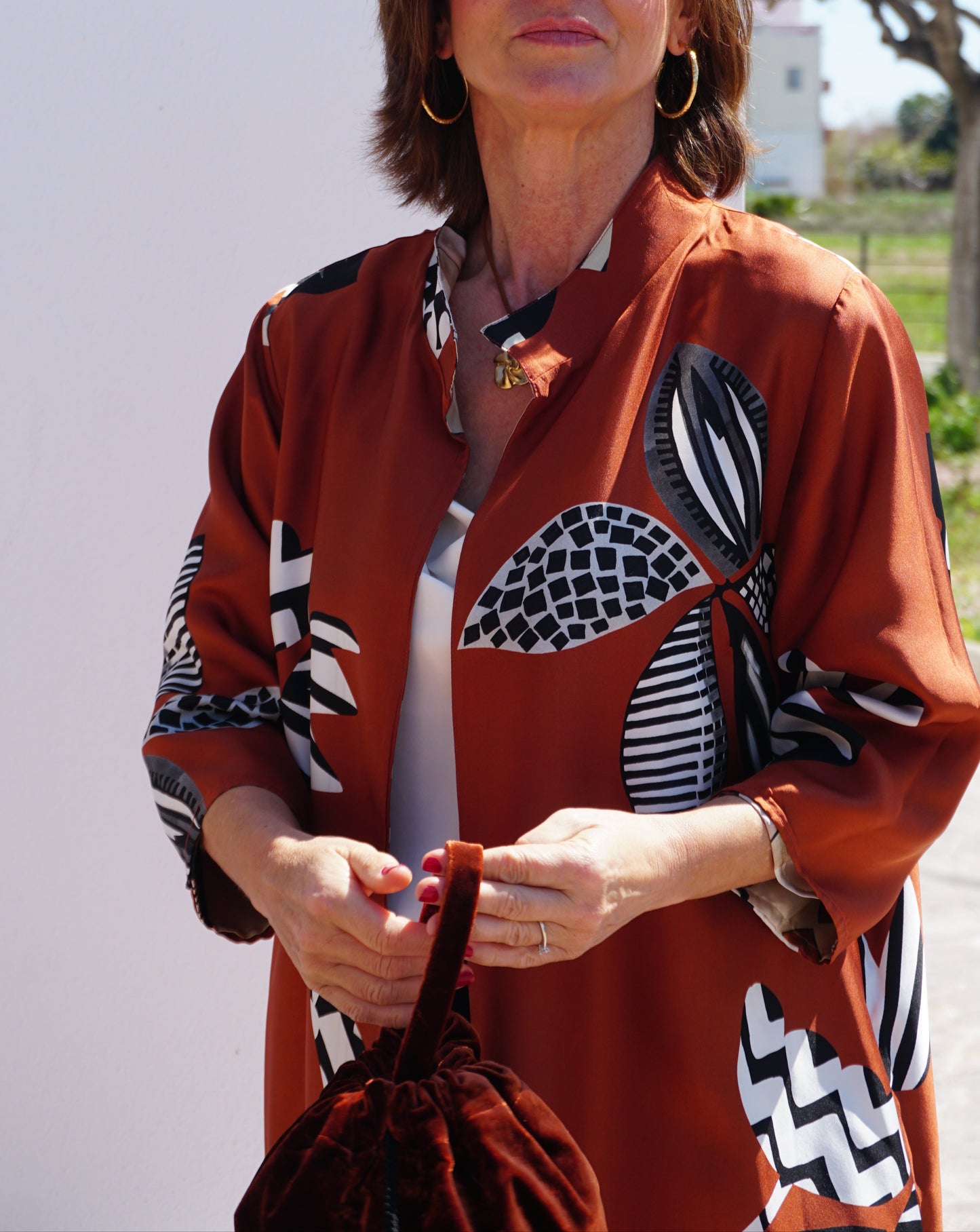 Kimono estampado de seda Hojas reversible