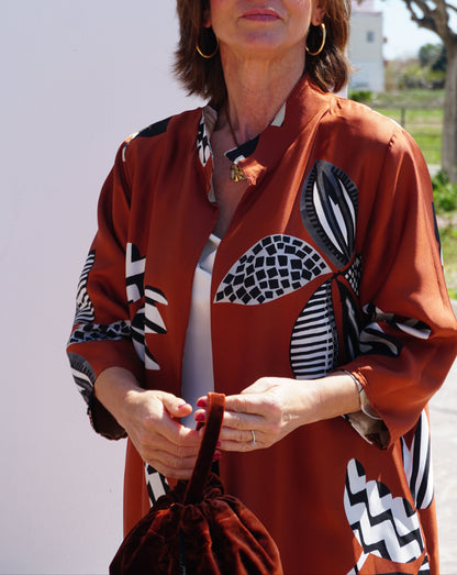 Kimono estampado de seda Hojas reversible