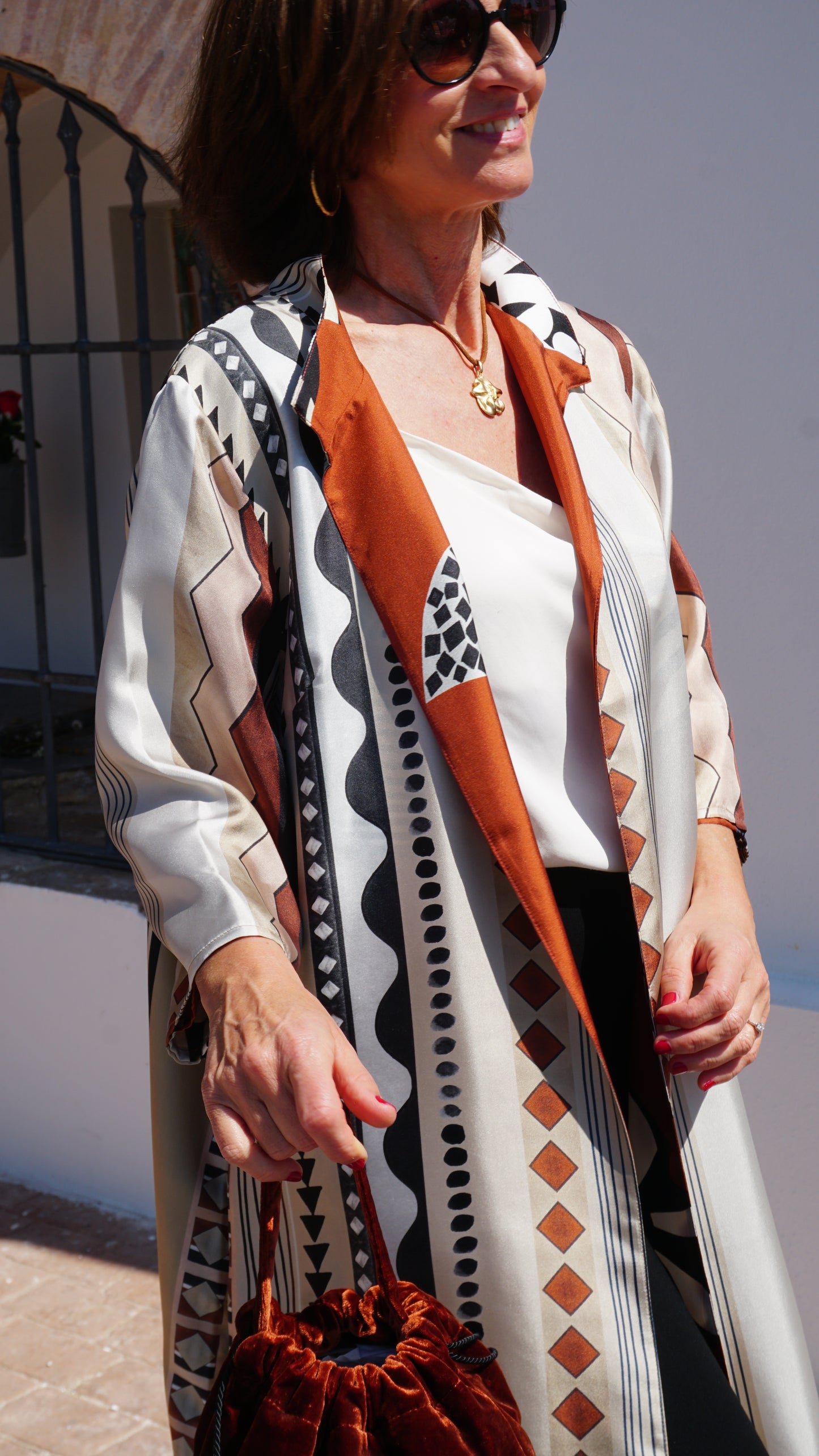 Kimono estampado de seda Hojas reversible
