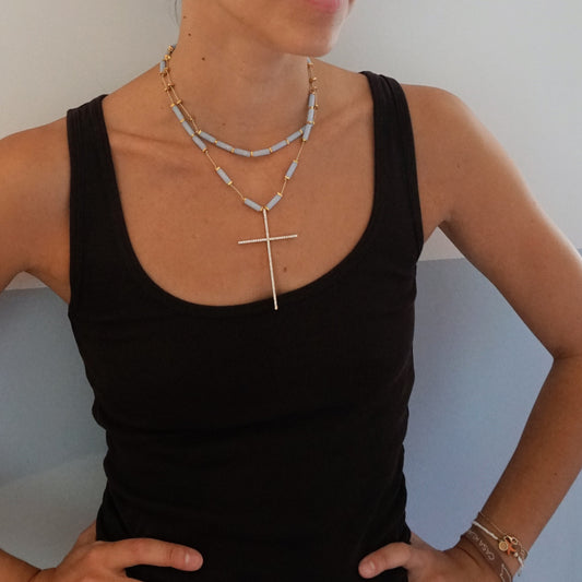 Collar doble Aguamarina con cruz