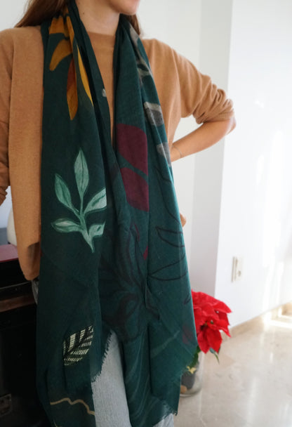 Fular de lana Verde con hojas