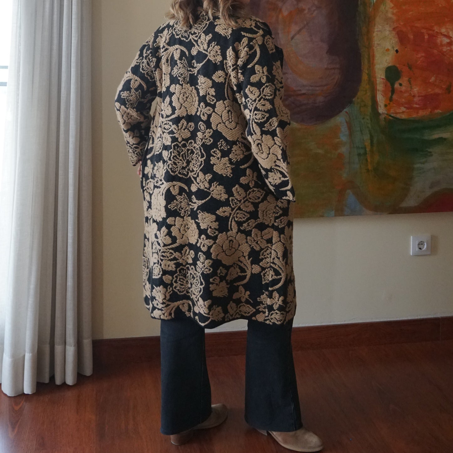 Abrigo de punto Jaquard Negro y Camel