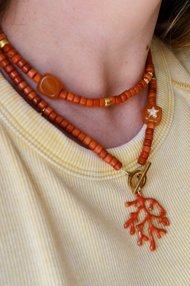 Short moon and star coral necklace