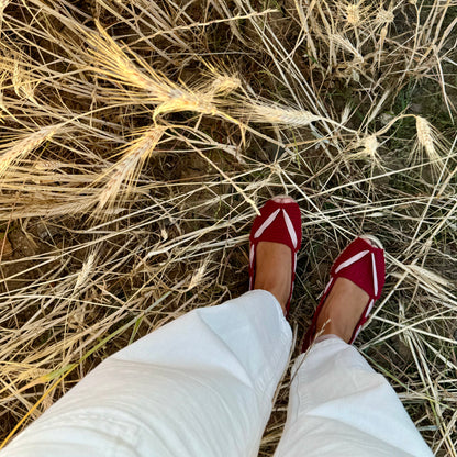 Espadrillas bordeaux con nastro rosa pallido