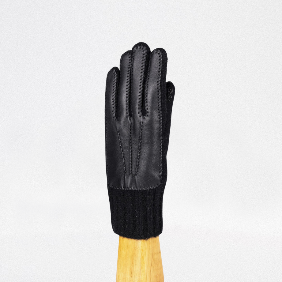 Guante de caballero en lana y cashmere con dorso de piel negro