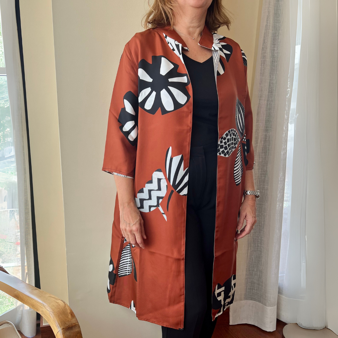 Kimono estampado de seda Hojas reversible