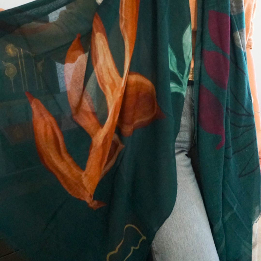 Fular de lana Verde con hojas