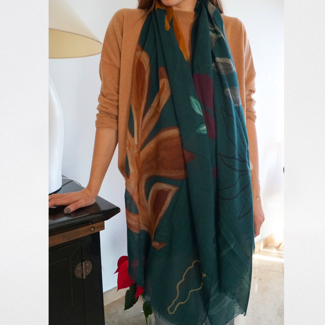 Fular de lana Verde con hojas