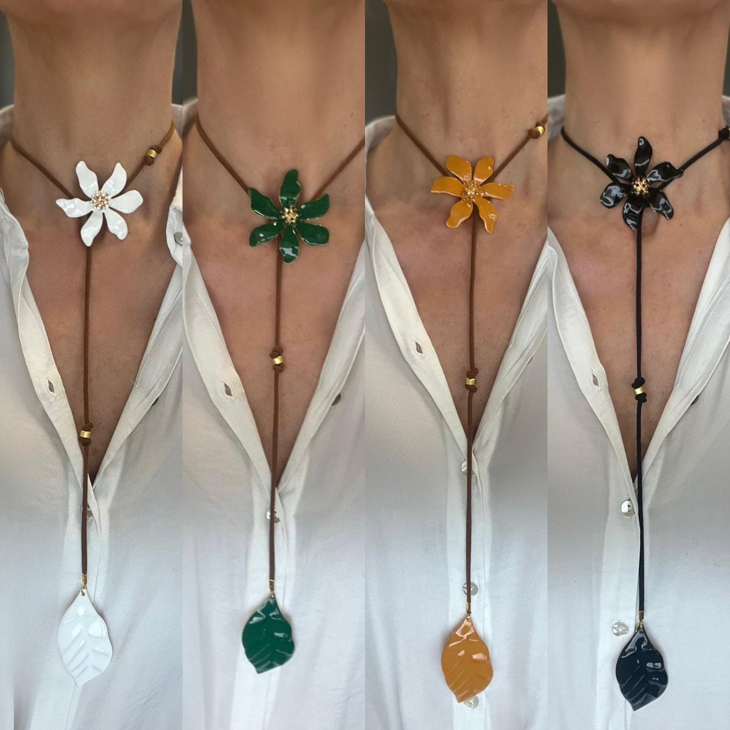 Collana lunga con fiore e foglia neri