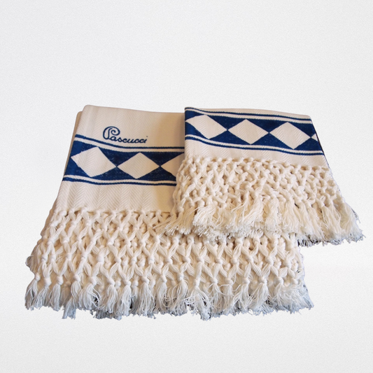 Set of two fringed towels with blue rhombus prints